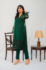 Afet- Bottle Green Embroidered Organza Suit with Slip