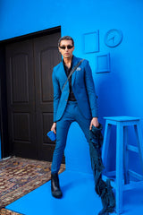 Turquoise Blue Houndstooth Textured Suit