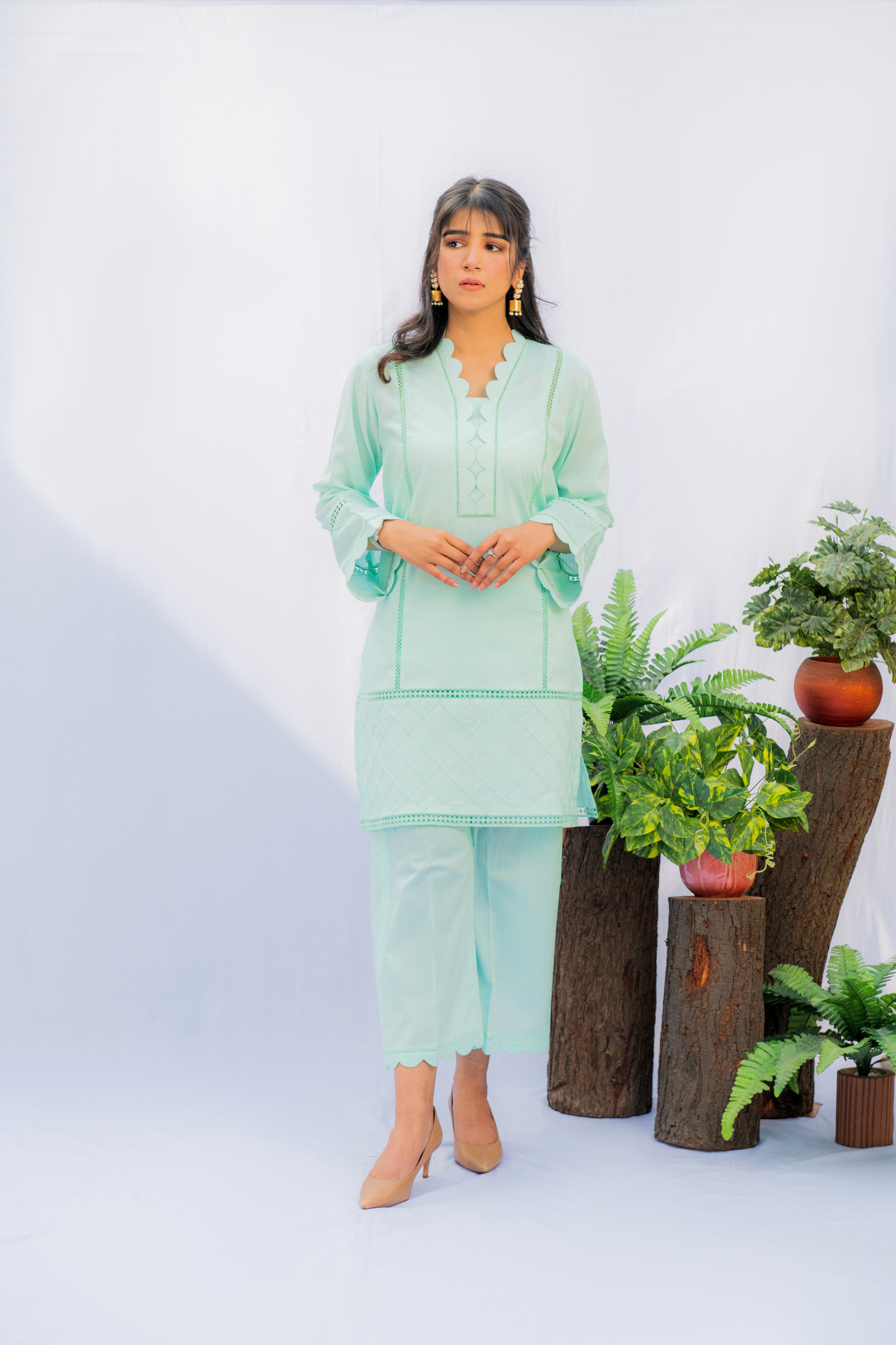 Sea Green Lawn Co-ord Set with Heavy Lacework & Scallop Detailing