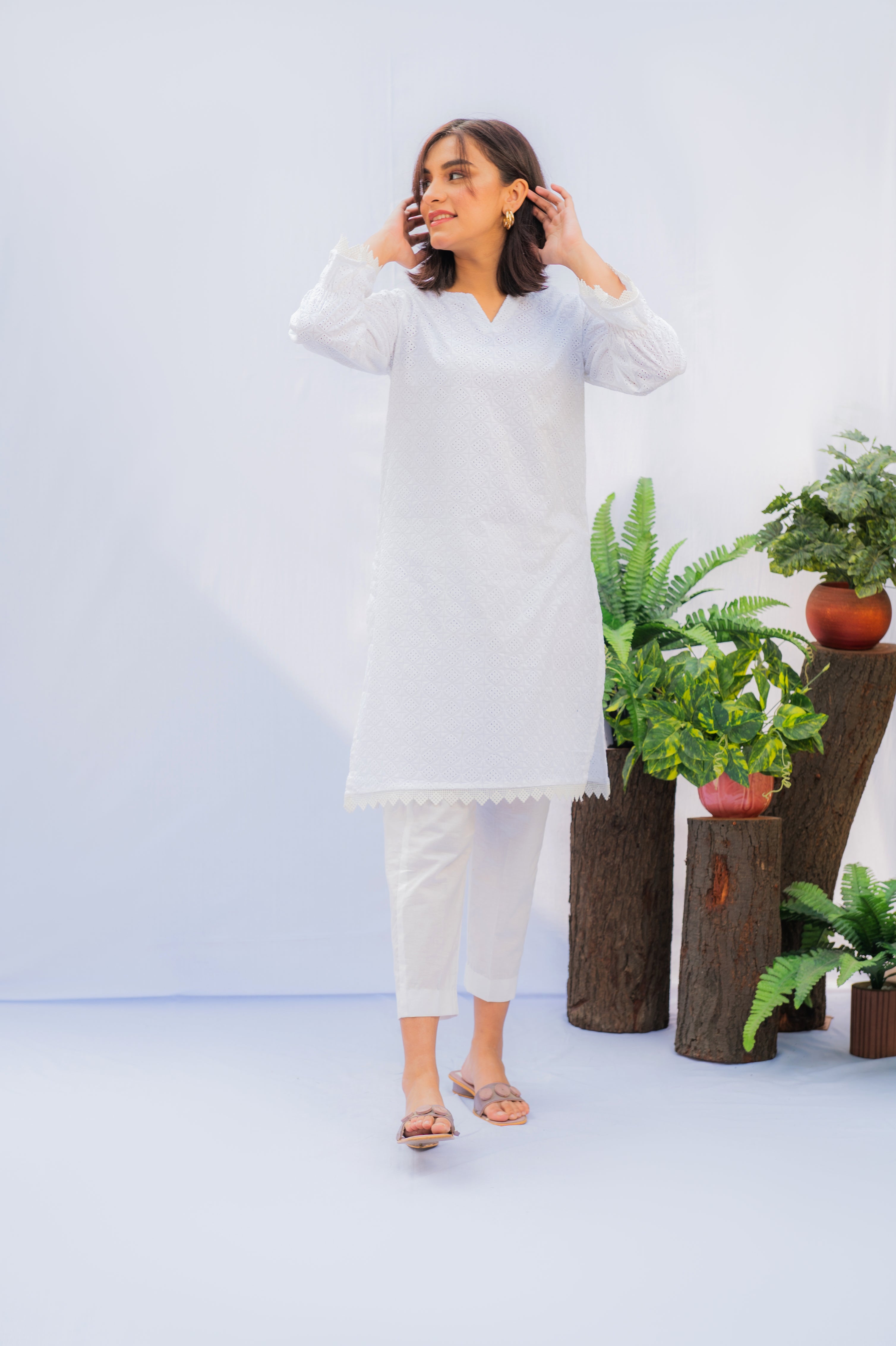 White Lawn Co-ord Set with Schiffli Embroidery