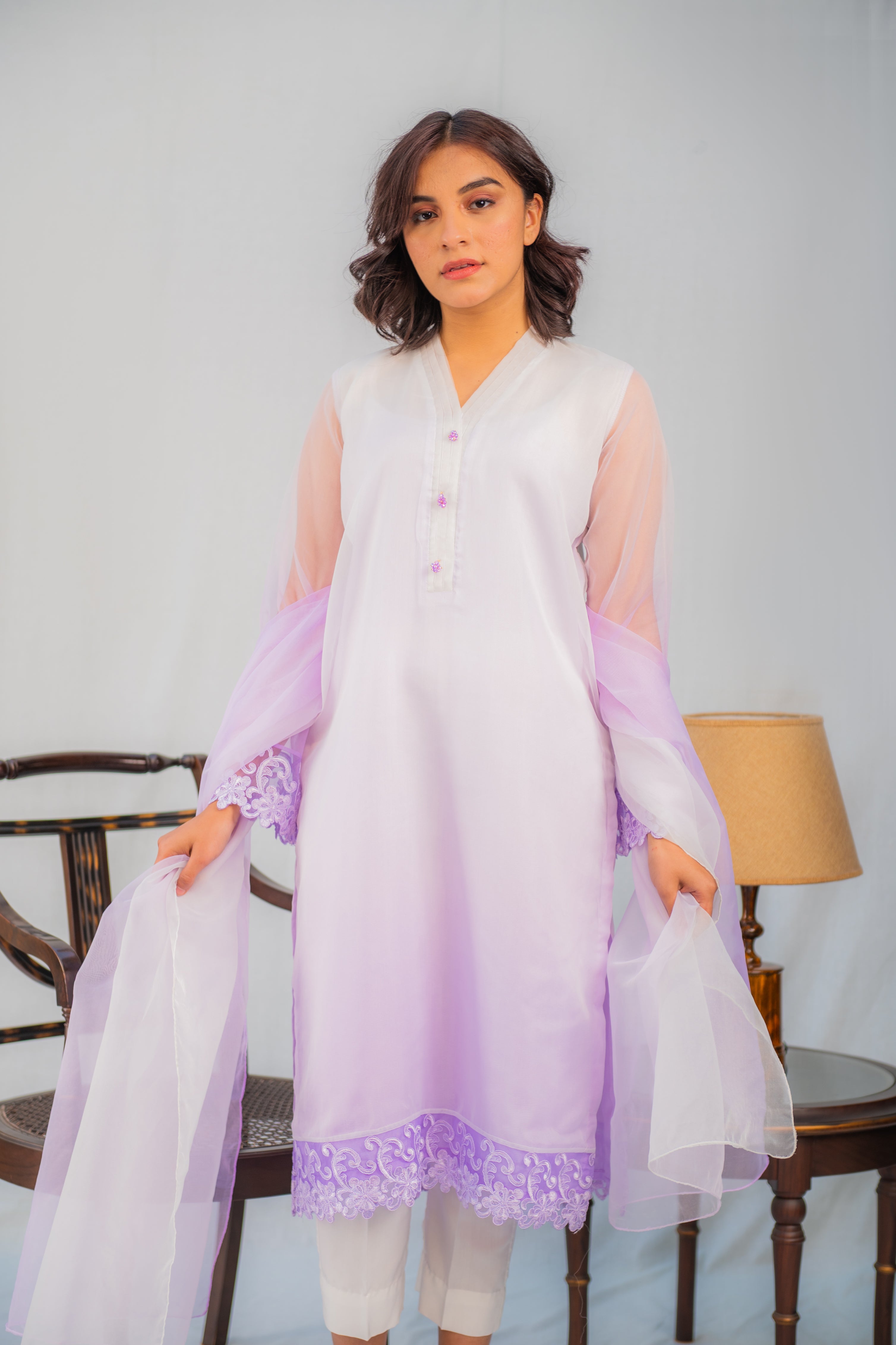 Yaleh- Lilac Ombre Organza 2-Pc Suit with Slip